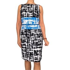 London Times Sleeveless Dress Blue Black White size 8 Poly Blend Easy Care
